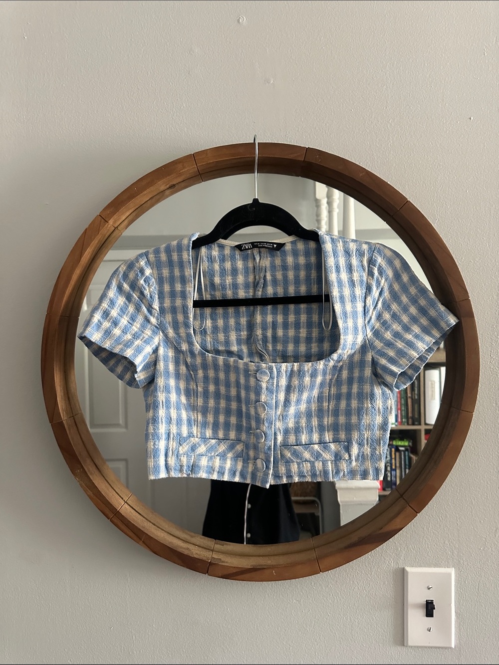 Zara Light Blue & White Gingham Short-Sleeve Cropped Top